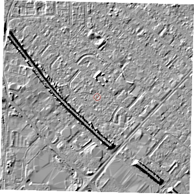 Shaded relief map of the ground around HU87SL, computed from Environment Agency LiDAR. The ground here sits at about 2 m above sea level and falls 7 m across the surrounding 800 m. Surface water reaching this point runs off ground lying to the north-west, 0.5 m higher.