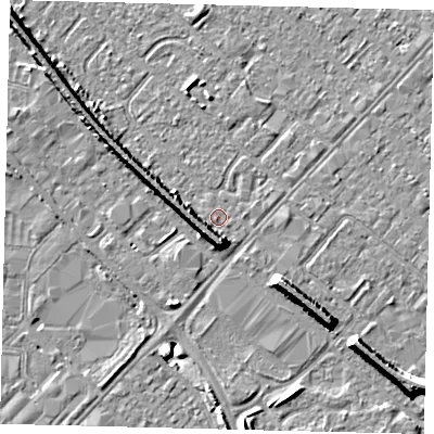 Shaded relief map of the ground around HU87SN, computed from Environment Agency LiDAR. The ground here sits at about 3 m above sea level and falls 8 m across the surrounding 800 m. Surface water reaching this point runs off ground lying to the south, 6.4 m higher.
