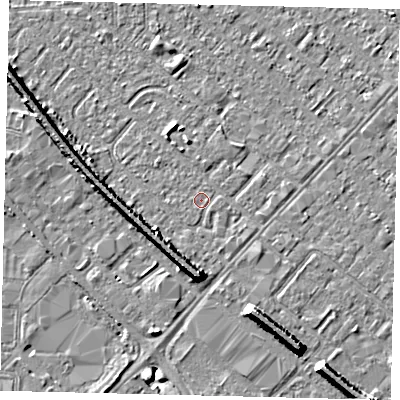 Shaded relief map of the ground around HU87SP, computed from Environment Agency LiDAR. The ground here sits at about 2 m above sea level and falls 7 m across the surrounding 800 m. Surface water reaching this point runs off ground lying to the south, 6.4 m higher.