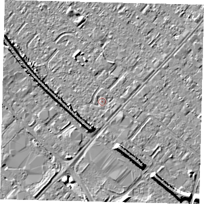 Shaded relief map of the ground around HU87SS, computed from Environment Agency LiDAR. The ground here sits at about 2 m above sea level and falls 8 m across the surrounding 800 m. Surface water reaching this point runs off ground lying to the south, 0.6 m higher.