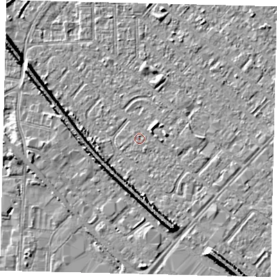 Shaded relief map of the ground around HU87SZ, computed from Environment Agency LiDAR. The ground here sits at about 2 m above sea level and falls 9 m across the surrounding 800 m. Surface water reaching this point runs off ground lying to the south-south-east, 5.7 m higher.