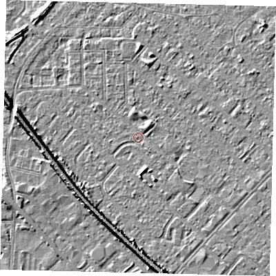 Shaded relief map of the ground around HU87TD, computed from Environment Agency LiDAR. The ground here sits at about 2 m above sea level and falls 7 m across the surrounding 800 m. Surface water reaching this point runs off ground lying to the south-south-east, 1.9 m higher.