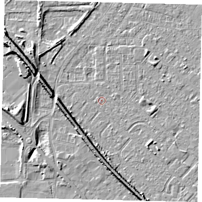 Shaded relief map of the ground around HU87TE, computed from Environment Agency LiDAR. The ground here sits at about 2 m above sea level and falls 9 m across the surrounding 800 m. The ground contributing surface water to this point lies to the south-east.