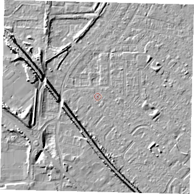 Shaded relief map of the ground around HU87TF, computed from Environment Agency LiDAR. The ground here sits at about 2 m above sea level and falls 9 m across the surrounding 800 m. Surface water reaching this point runs off ground lying to the south-south-east, 0.5 m higher.
