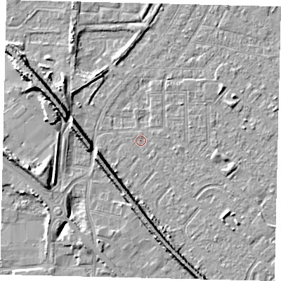 Shaded relief map of the ground around HU87TG, computed from Environment Agency LiDAR. The ground here sits at about 2 m above sea level and falls 9 m across the surrounding 800 m. Surface water reaching this point runs off ground lying to the south-south-east, 0.5 m higher.