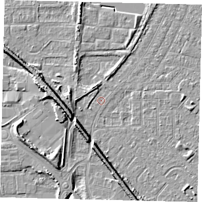 Shaded relief map of the ground around HU87TH, computed from Environment Agency LiDAR. The ground here sits at about 2 m above sea level and falls 9 m across the surrounding 800 m. Surface water reaching this point runs off ground lying to the west, 9.2 m higher.