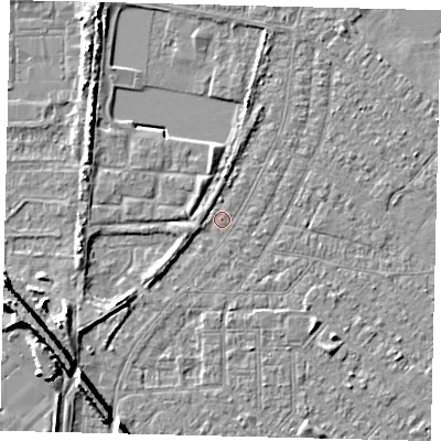 Shaded relief map of the ground around HU87TJ, computed from Environment Agency LiDAR. The ground here sits at about 2 m above sea level and falls 9 m across the surrounding 800 m. Surface water reaching this point runs off ground lying to the west-south-west, 8.2 m higher.