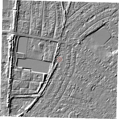 Shaded relief map of the ground around HU87TL, computed from Environment Agency LiDAR. The ground here sits at about 2 m above sea level and falls 5 m across the surrounding 800 m. Surface water reaching this point runs off ground lying to the west-south-west, 1.9 m higher.