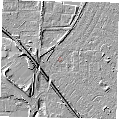 Shaded relief map of the ground around HU87TP, computed from Environment Agency LiDAR. The ground here sits at about 2 m above sea level and falls 9 m across the surrounding 800 m. Surface water reaching this point runs off ground lying to the south-south-west, 6.3 m higher.