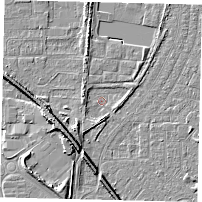 Shaded relief map of the ground around HU87TQ, computed from Environment Agency LiDAR. The ground here sits at about 2 m above sea level and falls 9 m across the surrounding 800 m. Surface water reaching this point runs off ground lying to the south, 3.3 m higher.