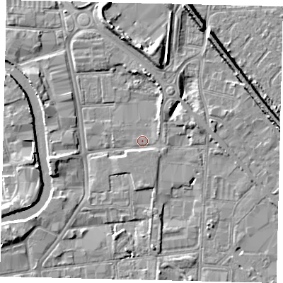 Shaded relief map of the ground around HU88AE, computed from Environment Agency LiDAR. The ground here sits at about 2 m above sea level and falls 9 m across the surrounding 800 m. Surface water reaching this point runs off ground lying to the north-north-east, 1.8 m higher.