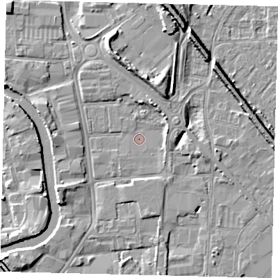 Shaded relief map of the ground around HU88AF, computed from Environment Agency LiDAR. The ground here sits at about 2 m above sea level and falls 10 m across the surrounding 800 m. Surface water reaching this point runs off ground lying to the west-south-west, 3.7 m higher.