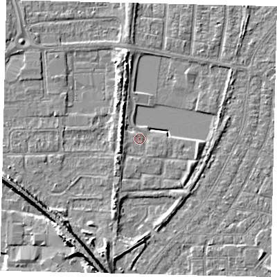 Shaded relief map of the ground around HU88AG, computed from Environment Agency LiDAR. The ground here sits at about 2 m above sea level and falls 9 m across the surrounding 800 m. Surface water reaching this point runs off ground lying to the west-north-west, 4.0 m higher.