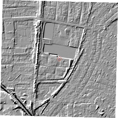 Shaded relief map of the ground around HU88AH, computed from Environment Agency LiDAR. The ground here sits at about 2 m above sea level and falls 9 m across the surrounding 800 m. Surface water reaching this point runs off ground lying to the east-north-east, 2.7 m higher.