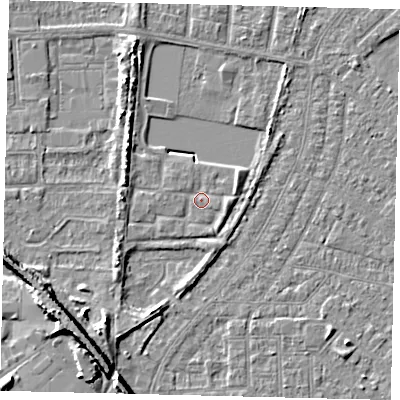 Shaded relief map of the ground around HU88AN, computed from Environment Agency LiDAR. The ground here sits at about 2 m above sea level and falls 9 m across the surrounding 800 m. Surface water reaching this point runs off ground lying to the east-north-east, 1.5 m higher.