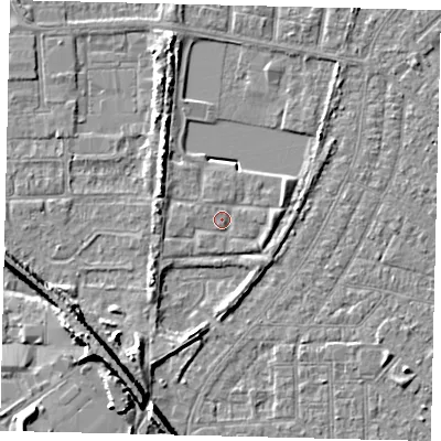 Shaded relief map of the ground around HU88AS, computed from Environment Agency LiDAR. The ground here sits at about 2 m above sea level and falls 9 m across the surrounding 800 m. Surface water reaching this point runs off ground lying to the east-north-east, 1.5 m higher.
