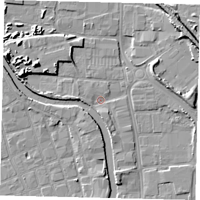 Shaded relief map of the ground around HU88AY, computed from Environment Agency LiDAR. The ground here sits at about 2 m above sea level and falls 12 m across the surrounding 800 m. Surface water reaching this point runs off ground lying to the west, 3.5 m higher.