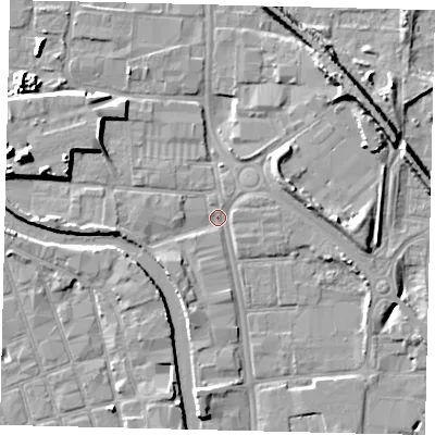 Shaded relief map of the ground around HU88AZ, computed from Environment Agency LiDAR. The ground here sits at about 2 m above sea level and falls 11 m across the surrounding 800 m. Surface water reaching this point runs off ground lying to the west-north-west, 8.3 m higher.