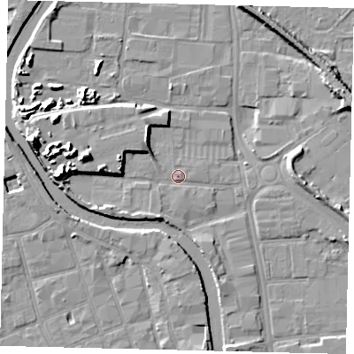 Shaded relief map of the ground around HU88BB, computed from Environment Agency LiDAR. The ground here sits at about 3 m above sea level and falls 12 m across the surrounding 800 m. Surface water reaching this point runs off ground lying to the west, 9.3 m higher.