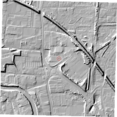 Shaded relief map of the ground around HU88BZ, computed from Environment Agency LiDAR. The ground here sits at about 3 m above sea level and falls 9 m across the surrounding 800 m. Surface water reaching this point runs off ground lying to the north, 1.0 m higher.
