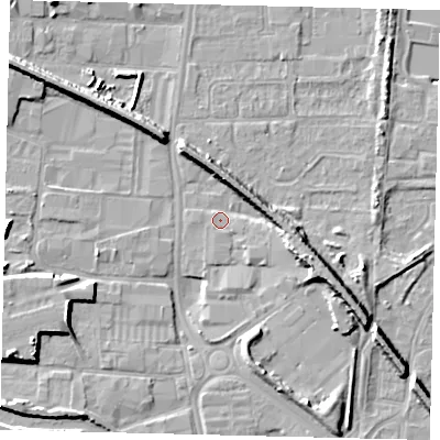 Shaded relief map of the ground around HU88DA, computed from Environment Agency LiDAR. The ground here sits at about 3 m above sea level and falls 9 m across the surrounding 800 m. Surface water reaching this point runs off ground lying to the east, 5.7 m higher.