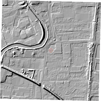 Shaded relief map of the ground around HU88DE, computed from Environment Agency LiDAR. The ground here sits at about 3 m above sea level and falls 7 m across the surrounding 800 m. Surface water reaching this point runs off ground lying to the north-north-west, 2.1 m higher.