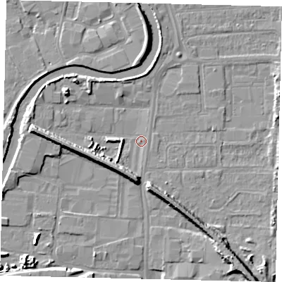 Shaded relief map of the ground around HU88DG, computed from Environment Agency LiDAR. The ground here sits at about 2 m above sea level and falls 9 m across the surrounding 800 m. Surface water reaching this point runs off ground lying to the west, 7.0 m higher.