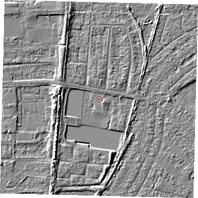 Shaded relief map of the ground around HU88DH, computed from Environment Agency LiDAR. The ground here sits at about 2 m above sea level and falls 5 m across the surrounding 800 m. Surface water reaching this point runs off ground lying to the west-south-west, 4.7 m higher.