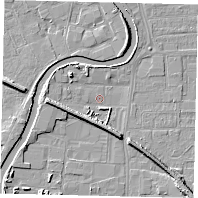 Shaded relief map of the ground around HU88DL, computed from Environment Agency LiDAR. The ground here sits at about 2 m above sea level and falls 8 m across the surrounding 800 m. Surface water reaching this point runs off ground lying to the west, 7.0 m higher.