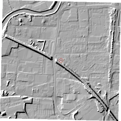 Shaded relief map of the ground around HU88DP, computed from Environment Agency LiDAR. The ground here sits at about 3 m above sea level and falls 9 m across the surrounding 800 m. Surface water reaching this point runs off ground lying to the south, 5.8 m higher.