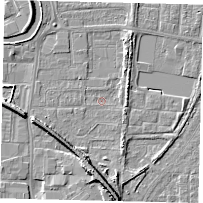 Shaded relief map of the ground around HU88DU, computed from Environment Agency LiDAR. The ground here sits at about 2 m above sea level and falls 9 m across the surrounding 800 m. Surface water reaching this point runs off ground lying to the south, 7.2 m higher.