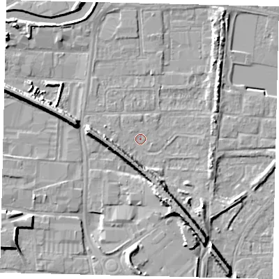 Shaded relief map of the ground around HU88DY, computed from Environment Agency LiDAR. The ground here sits at about 3 m above sea level and falls 9 m across the surrounding 800 m. Surface water reaching this point runs off ground lying to the south-south-east, 6.9 m higher.