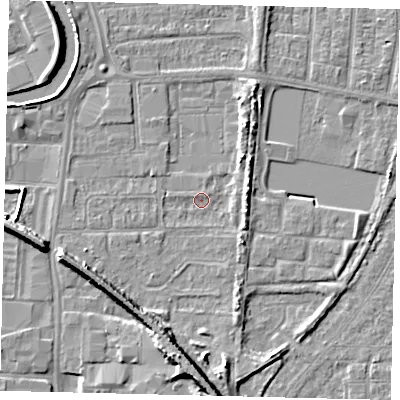 Shaded relief map of the ground around HU88DZ, computed from Environment Agency LiDAR. The ground here sits at about 2 m above sea level and falls 9 m across the surrounding 800 m. Surface water reaching this point runs off ground lying to the south, 7.2 m higher.