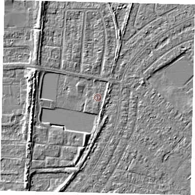 Shaded relief map of the ground around HU88EA, computed from Environment Agency LiDAR. The ground here sits at about 2 m above sea level and falls 5 m across the surrounding 800 m. Surface water reaching this point runs off ground lying to the south, 2.9 m higher.