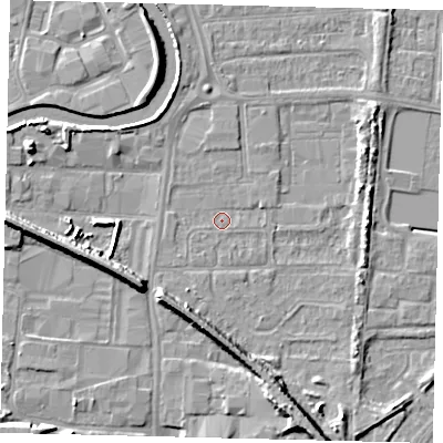 Shaded relief map of the ground around HU88EB, computed from Environment Agency LiDAR. The ground here sits at about 3 m above sea level and falls 9 m across the surrounding 800 m. Surface water reaching this point runs off ground lying to the south-south-east, 7.3 m higher.