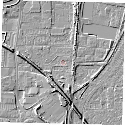 Shaded relief map of the ground around HU88EF, computed from Environment Agency LiDAR. The ground here sits at about 2 m above sea level and falls 9 m across the surrounding 800 m. Surface water reaching this point runs off ground lying to the south, 6.8 m higher.