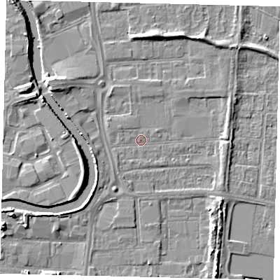 Shaded relief map of the ground around HU88EG, computed from Environment Agency LiDAR. The ground here sits at about 3 m above sea level and falls 6 m across the surrounding 800 m. Surface water reaching this point runs off ground lying to the west-south-west, 2.6 m higher.