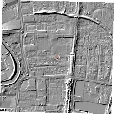 Shaded relief map of the ground around HU88EQ, computed from Environment Agency LiDAR. The ground here sits at about 2 m above sea level and falls 6 m across the surrounding 800 m. Surface water reaching this point runs off ground lying to the west, 2.6 m higher.