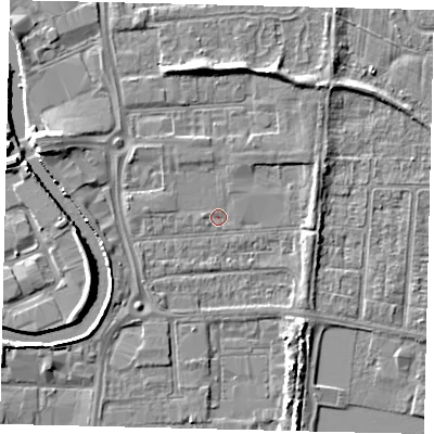 Shaded relief map of the ground around HU88ER, computed from Environment Agency LiDAR. The ground here sits at about 2 m above sea level and falls 5 m across the surrounding 800 m. Surface water reaching this point runs off ground lying to the west-south-west, 2.6 m higher.