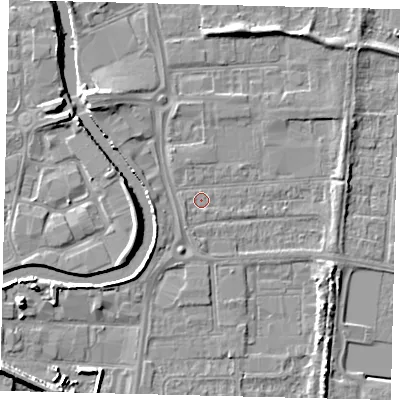 Shaded relief map of the ground around HU88ES, computed from Environment Agency LiDAR. The ground here sits at about 3 m above sea level and falls 8 m across the surrounding 800 m. Surface water reaching this point runs off ground lying to the west-south-west, 2.6 m higher.
