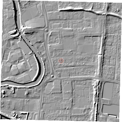 Shaded relief map of the ground around HU88ET, computed from Environment Agency LiDAR. The ground here sits at about 3 m above sea level and falls 8 m across the surrounding 800 m. Surface water reaching this point runs off ground lying to the west-south-west, 2.6 m higher.