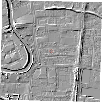 Shaded relief map of the ground around HU88EU, computed from Environment Agency LiDAR. The ground here sits at about 2 m above sea level and falls 8 m across the surrounding 800 m. Surface water reaching this point runs off ground lying to the west, 2.6 m higher.