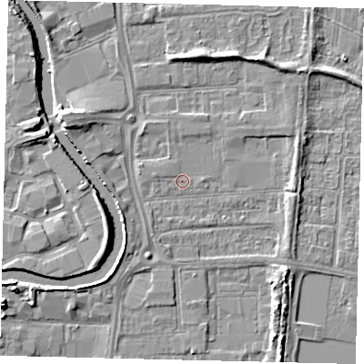 Shaded relief map of the ground around HU88EW, computed from Environment Agency LiDAR. The ground here sits at about 3 m above sea level and falls 5 m across the surrounding 800 m. Surface water reaching this point runs off ground lying to the south-west, 2.6 m higher.