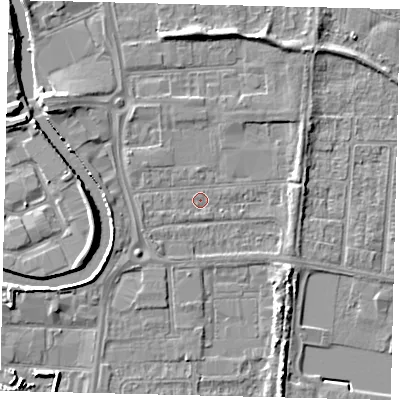 Shaded relief map of the ground around HU88EX, computed from Environment Agency LiDAR. The ground here sits at about 2 m above sea level and falls 7 m across the surrounding 800 m. Surface water reaching this point runs off ground lying to the west, 2.6 m higher.
