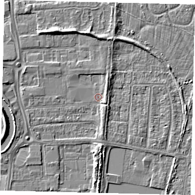 Shaded relief map of the ground around HU88EY, computed from Environment Agency LiDAR. The ground here sits at about 2 m above sea level and falls 6 m across the surrounding 800 m. Surface water reaching this point runs off ground lying to the west-south-west, 2.6 m higher.