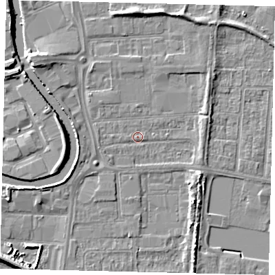 Shaded relief map of the ground around HU88EZ, computed from Environment Agency LiDAR. The ground here sits at about 3 m above sea level and falls 8 m across the surrounding 800 m. Surface water reaching this point runs off ground lying to the west, 2.6 m higher.