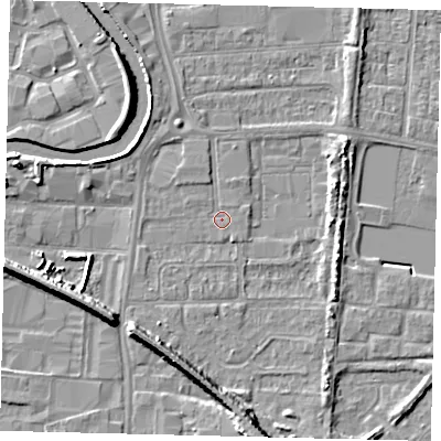 Shaded relief map of the ground around HU88HA, computed from Environment Agency LiDAR. The ground here sits at about 3 m above sea level and falls 8 m across the surrounding 800 m. Surface water reaching this point runs off ground lying to the south, 7.1 m higher.