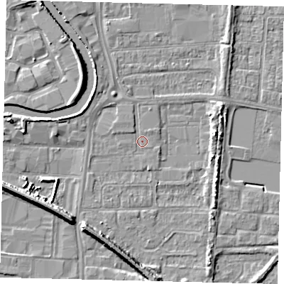 Shaded relief map of the ground around HU88HD, computed from Environment Agency LiDAR. The ground here sits at about 3 m above sea level and falls 8 m across the surrounding 800 m. Surface water reaching this point runs off ground lying to the south-south-west, 6.5 m higher.