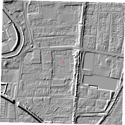 Shaded relief map of the ground around HU88HL, computed from Environment Agency LiDAR. The ground here sits at about 2 m above sea level and falls 8 m across the surrounding 800 m. Surface water reaching this point runs off ground lying to the south-west, 6.5 m higher.