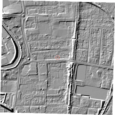 Shaded relief map of the ground around HU88HN, computed from Environment Agency LiDAR. The ground here sits at about 2 m above sea level and falls 8 m across the surrounding 800 m. Surface water reaching this point runs off ground lying to the north-east, 2.0 m higher.